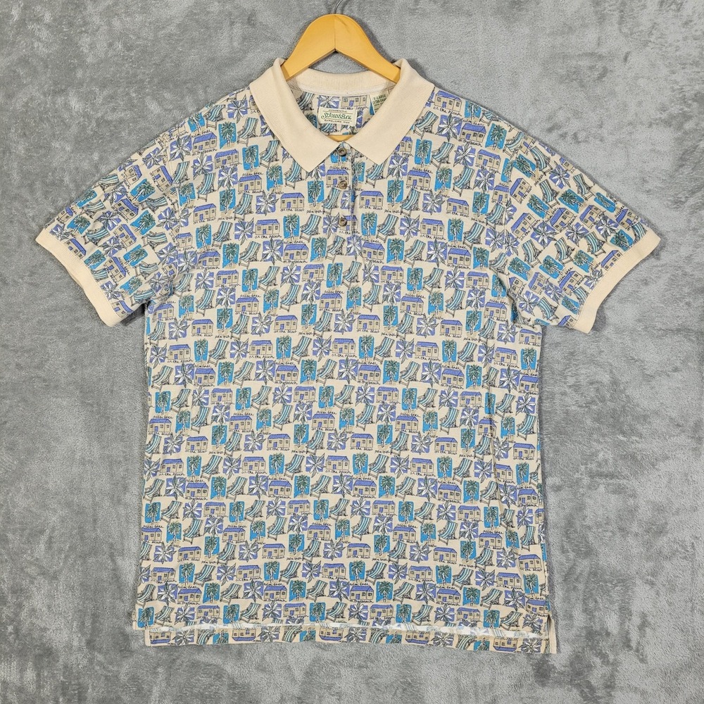 Vintage St Johns Bay Polo Shirt Mens XL Beige Blue Beach House Palm Tree 90s AOP